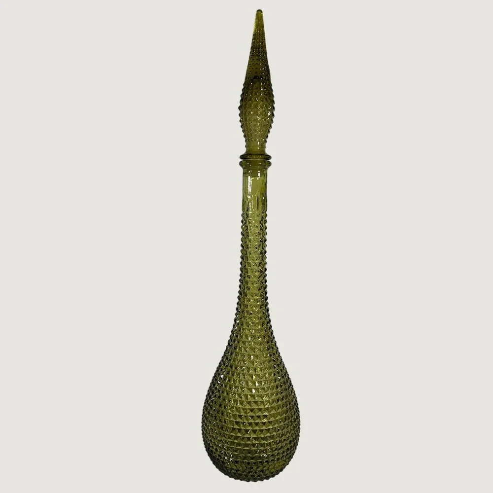Vintage Empoli Italian Olive Green Glass Genie Bottle Decanter Diamond‎ Hobnail